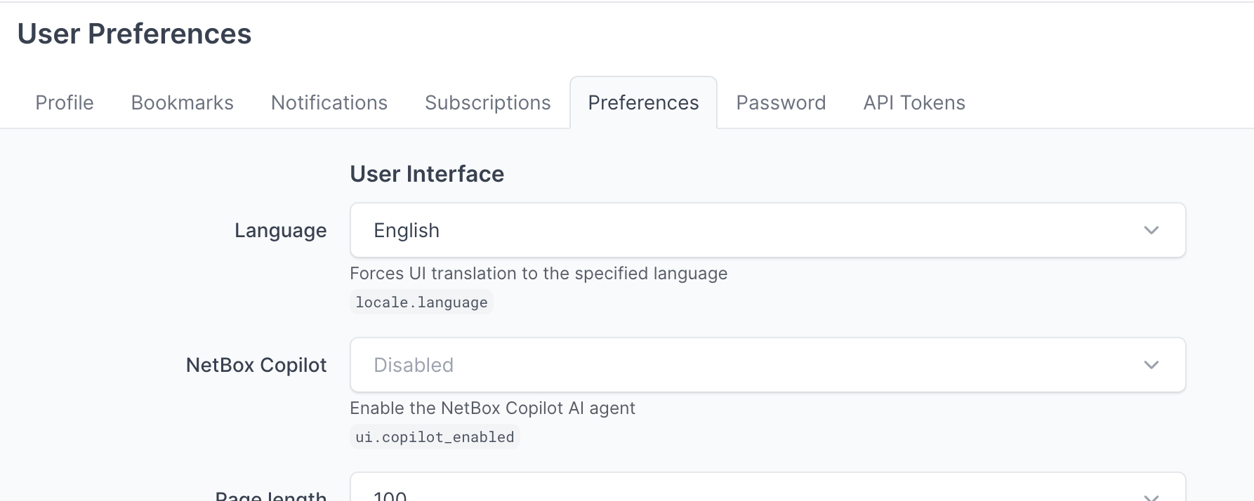 NetBox Copilot preference in User Preferences